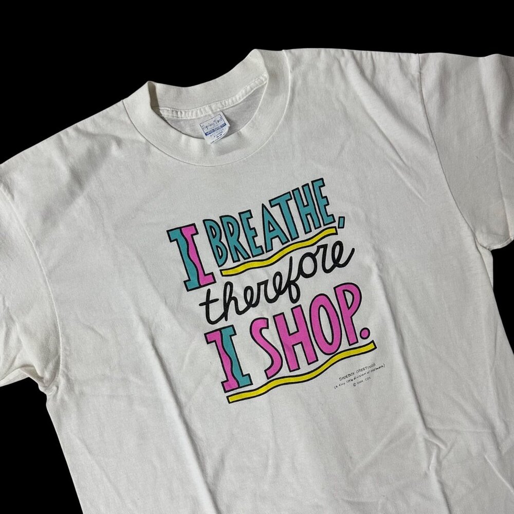 Vintage 90s I Breathe Therefore I Shop Graphic T Shirt XL Spring Ford USA Kitsch